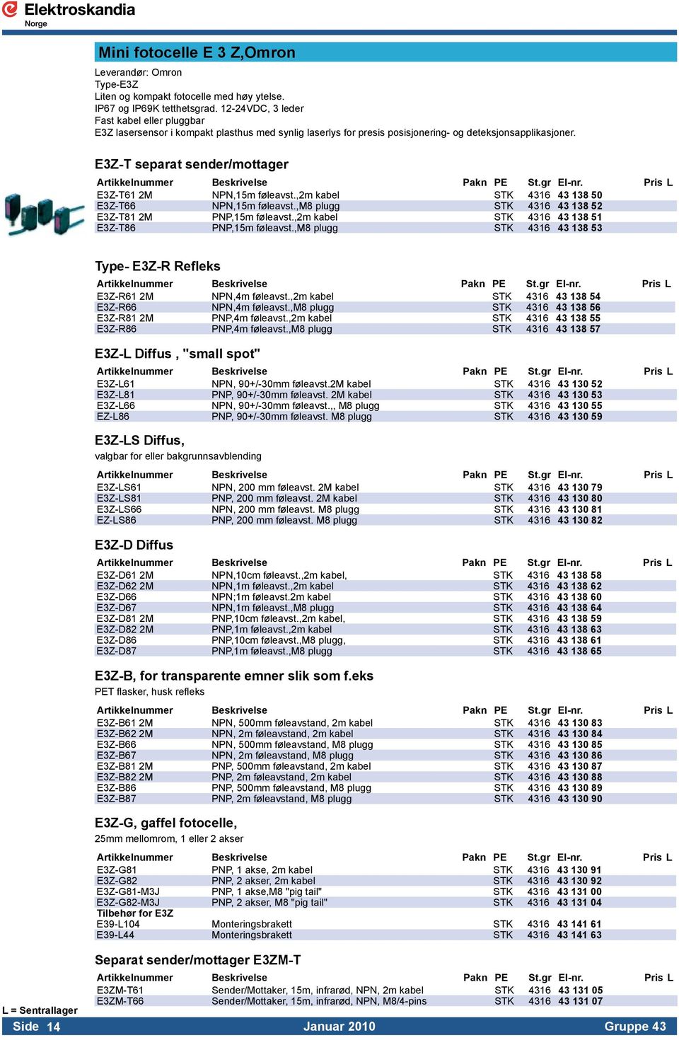 E3Z-T separat sender/mottager Artikkelnummer Beskrivelse Pakn PE St.gr El-nr. Pris L E3Z-T61 2M NPN,15m føleavst.,2m kabel STK 4316 43 138 50 E3Z-T66 NPN,15m føleavst.