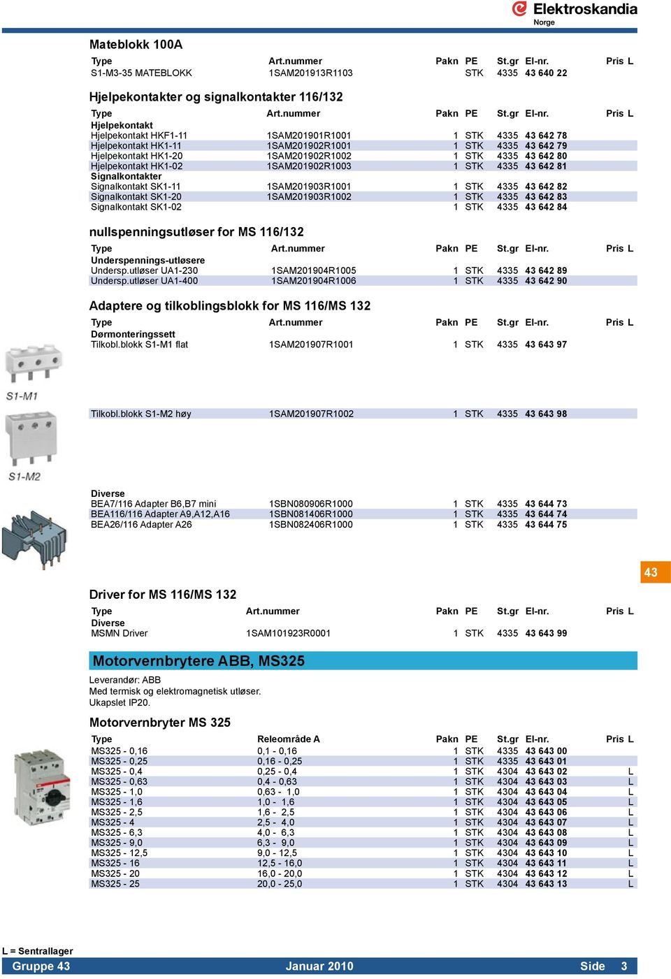 Pris L Hjelpekontakt Hjelpekontakt HKF1-11 1SAM201901R1001 1 STK 4335 43 642 78 Hjelpekontakt HK1-11 1SAM201902R1001 1 STK 4335 43 642 79 Hjelpekontakt HK1-20 1SAM201902R1002 1 STK 4335 43 642 80