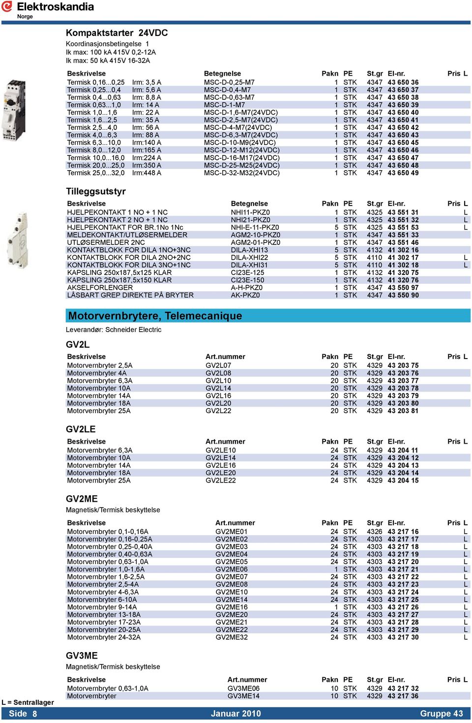 ..1,0 Irm: 14 A MSC-D-1-M7 1 STK 4347 43 650 39 Termisk 1,0...1,6 Irm: 22 A MSC-D-1,6-M7(24VDC) 1 STK 4347 43 650 40 Termisk 1,6...2,5 Irm: 35 A MSC-D-2,5-M7(24VDC) 1 STK 4347 43 650 41 Termisk 2,5.