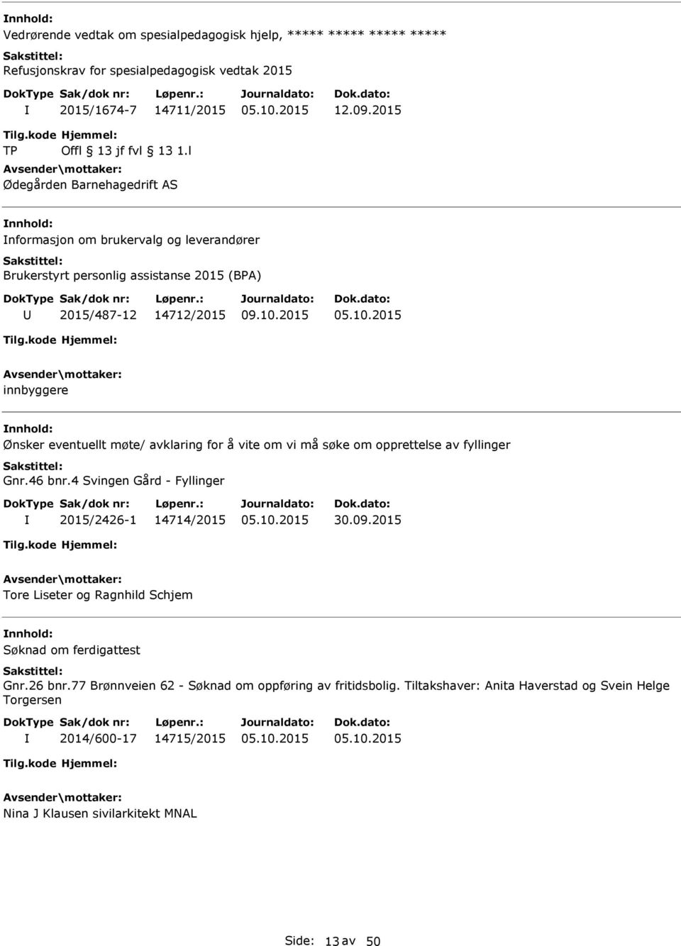 avklaring for å vite om vi må søke om opprettelse av fyllinger Gnr.46 bnr.4 Svingen Gård - Fyllinger 2015/2426-1 14714/2015 30.09.