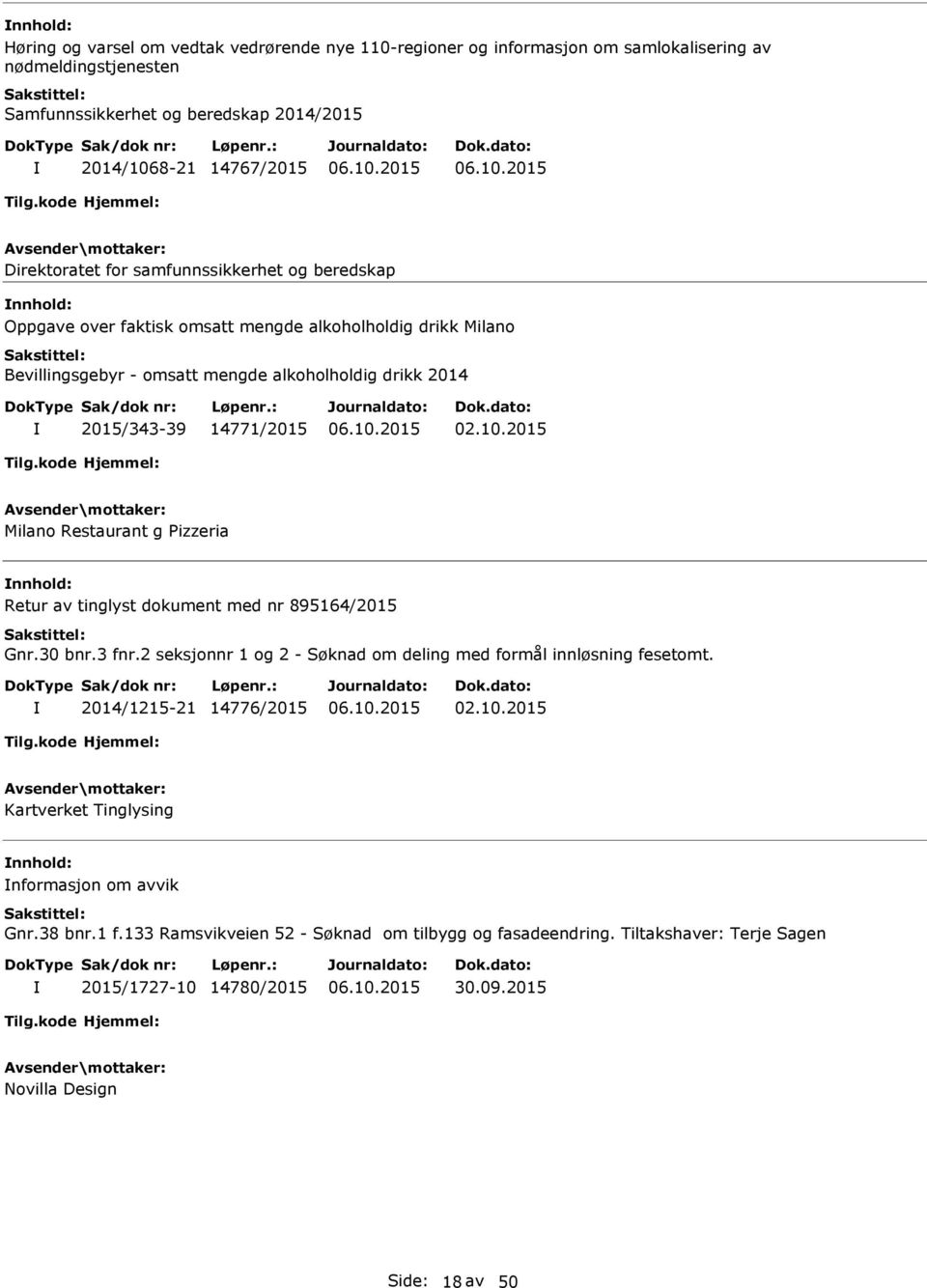 2015 Milano Restaurant g Pizzeria Retur av tinglyst dokument med nr 895164/2015 Gnr.30 bnr.3 fnr.2 seksjonnr 1 og 2 - Søknad om deling med formål innløsning fesetomt. 2014/1215-21 14776/2015 02.