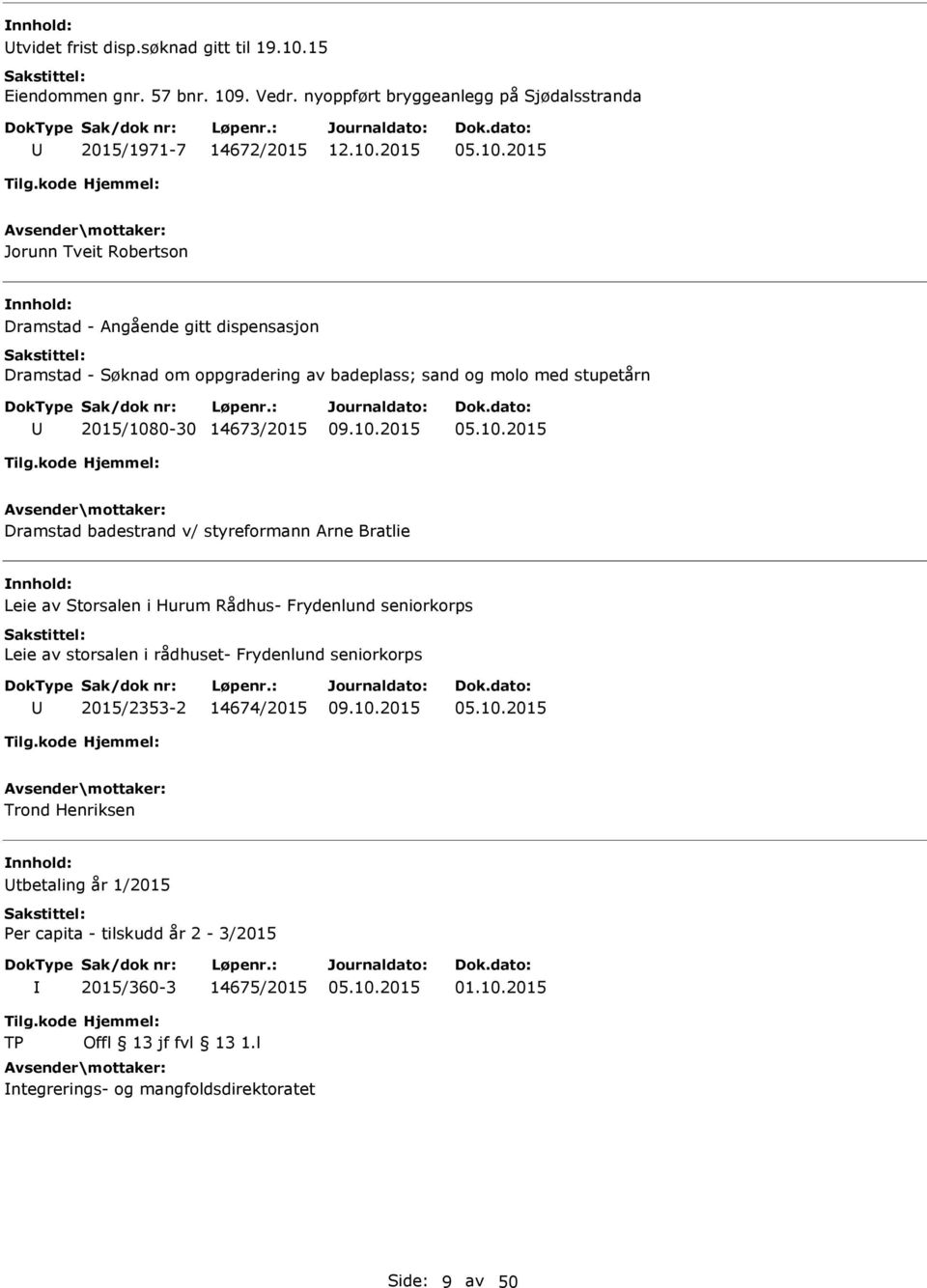 av badeplass; sand og molo med stupetårn 2015/1080-30 14673/2015 Dramstad badestrand v/ styreformann Arne Bratlie Leie av Storsalen i Hurum Rådhus- Frydenlund