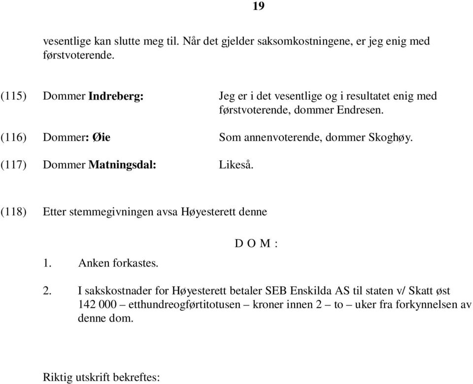 (116) Dommer: Øie Som annenvoterende, dommer Skoghøy. (117) Dommer Matningsdal: Likeså. (118) Etter stemmegivningen avsa Høyesterett denne 1.