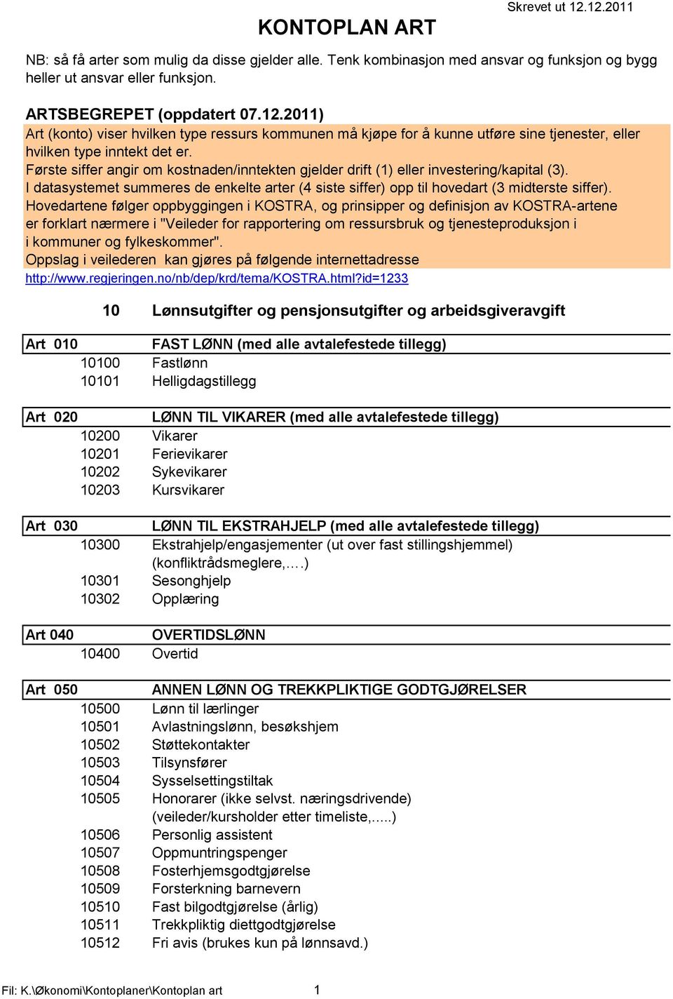 Første siffer angir om kostnaden/inntekten gjelder drift (1) eller investering/kapital (3). I datasystemet summeres de enkelte arter (4 siste siffer) opp til hovedart (3 midterste siffer).