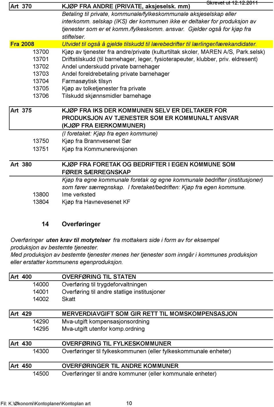 Fra 2008 Utvidet til også å gjelde tilskudd til lærebedrifter til lærlinger/lærekandidater. 13700 Kjøp av tjenester fra andre/private (kulturtiltak skoler, MAREN A/S, Park.