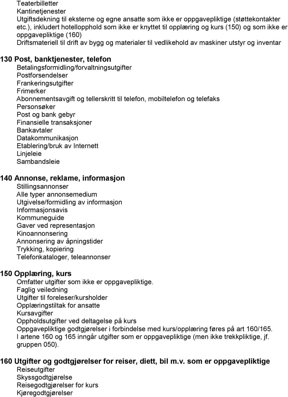 inventar 130 Post, banktjenester, telefon Betalingsformidling/forvaltningsutgifter Postforsendelser Frankeringsutgifter Frimerker Abonnementsavgift og tellerskritt til telefon, mobiltelefon og