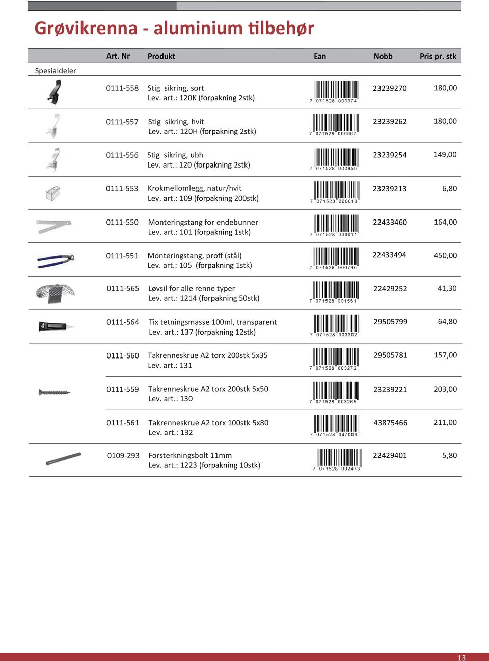 art.: 105 (forpakning 1stk) 22433494 450,00 0111-565 Løvsil for alle renne typer Lev. art.: 1214 (forpakning 50stk) 22429252 41,30 0111-564 Tix tetningsmasse 100ml, transparent Lev. art.: 137 (forpakning 12stk) 29505799 64,80 0111-560 Takrenneskrue A2 torx 200stk 5x35 Lev.