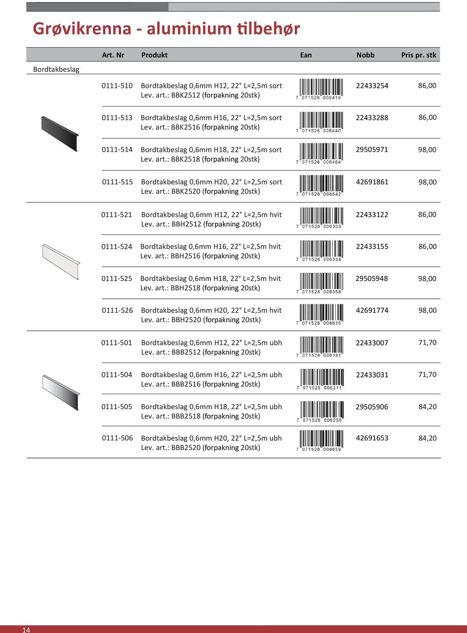 art.: BBK2518 (forpakning 20stk) 29505971 98,00 0111-515 Bordtakbeslag 0,6mm H20, 22 L=2,5m sort 42691861 98,00 Lev. art.