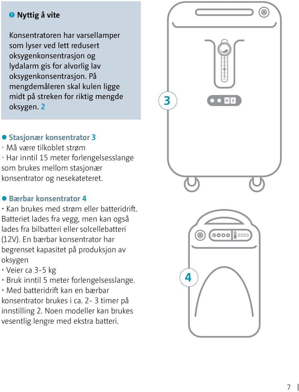 2 3 Stasjonær konsentrator 3 Må være tilkoblet strøm Har inntil 15 meter forlengelsesslange som brukes mellom stasjonær konsentrator og nesekateteret.