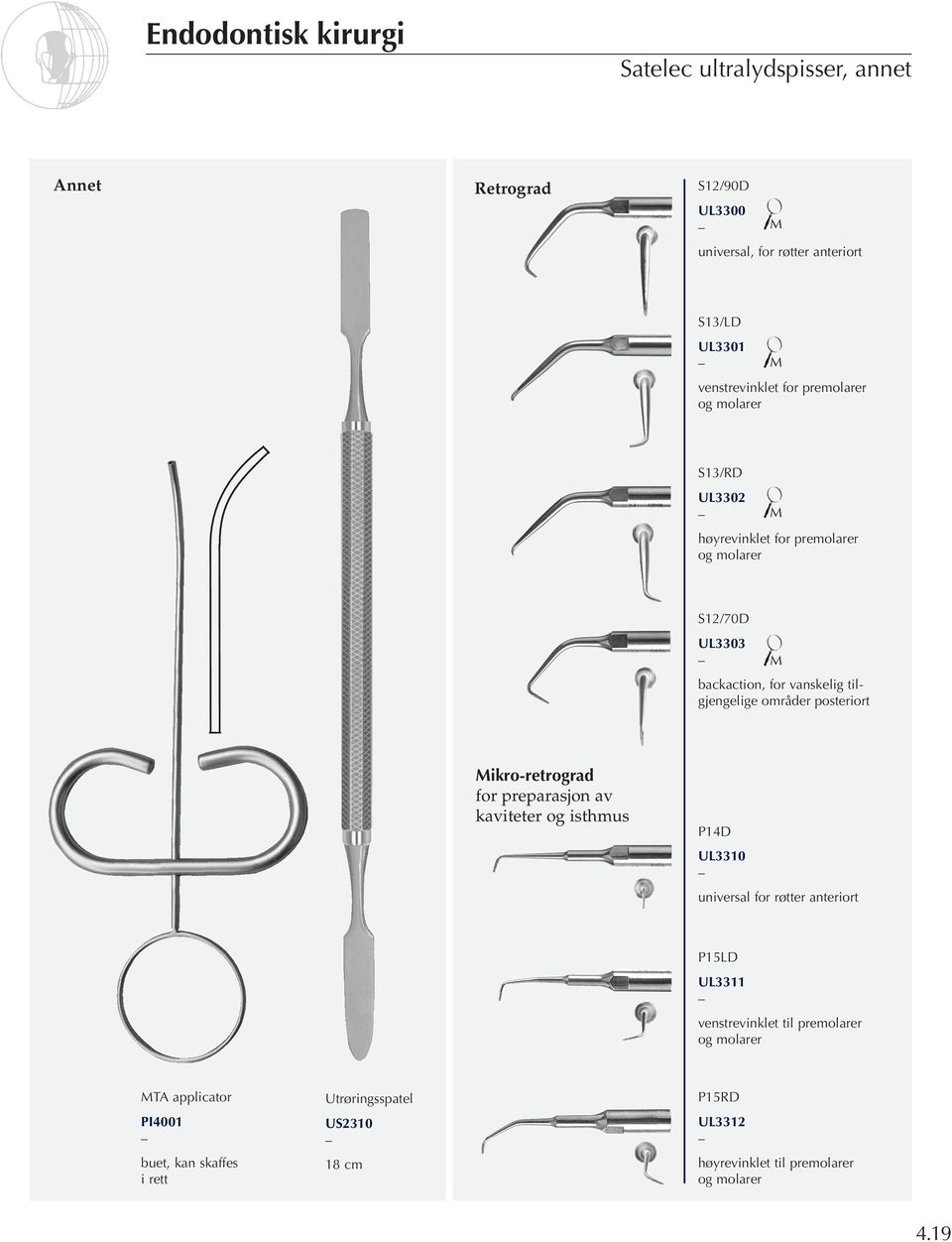 posteriort Mikro-retrograd for preparasjon av kaviteter og isthmus P14D UL3310 universal for røtter anteriort P15LD UL3311 venstrevinklet til