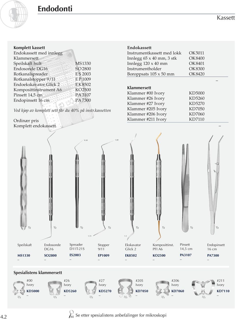 kassetten Ordinær pris Komplett endokassett Endokassett Instrumentkassett med lokk Innlegg 65 x 40 mm, 3 stk Innlegg 120 x 40 mm Instrumentholder Boroppsats 105 x 50 mm Klammersett Klammer #00