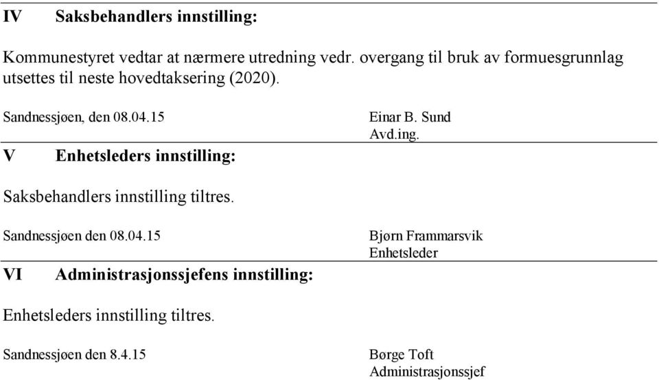 15 V Enhetsleders innstilling: Einar B. Sund Avd.ing. Saksbehandlers innstilling tiltres. Sandnessjøen den 08.04.