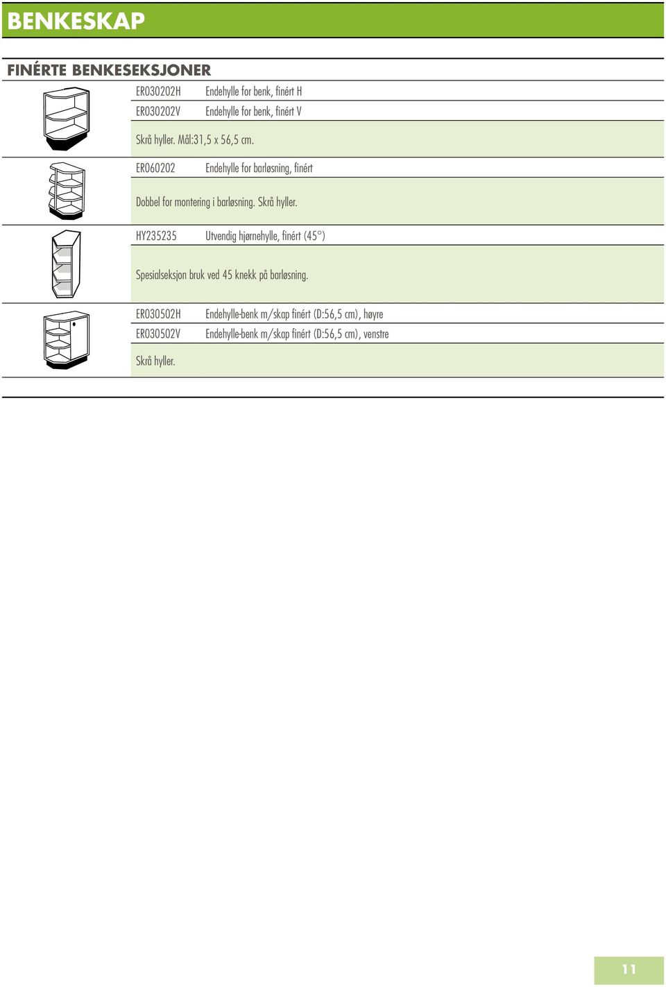 Skrå hyller. HY235235 Utvendig hjørnehylle, finért (45 ) Spesialseksjon bruk ved 45 knekk på barløsning.