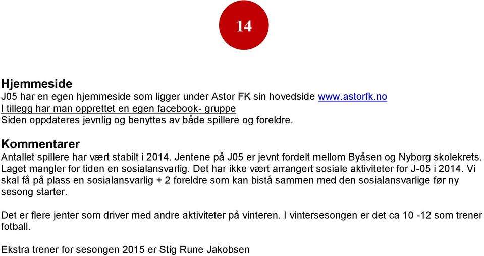 Jentene på J05 er jevnt fordelt mellom Byåsen og Nyborg skolekrets. Laget mangler for tiden en sosialansvarlig. Det har ikke vært arrangert sosiale aktiviteter for J-05 i 2014.