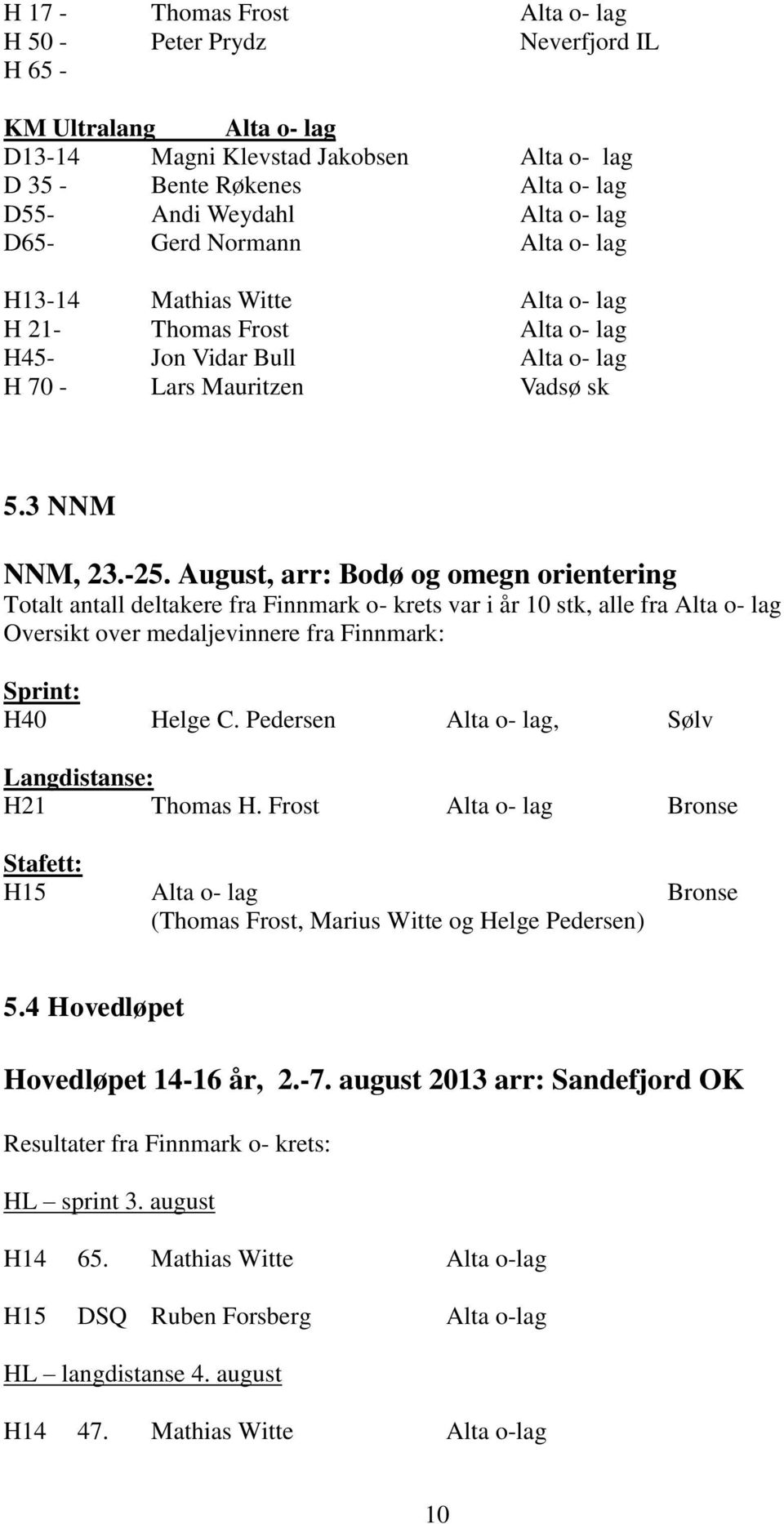August, arr: Bodø og omegn orientering Totalt antall deltakere fra Finnmark o- krets var i år 10 stk, alle fra Alta o- lag Oversikt over medaljevinnere fra Finnmark: Sprint: H40 Helge C.
