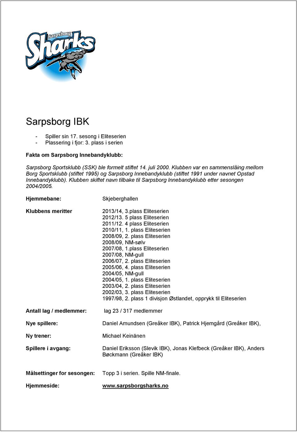 Klubben skiftet navn tilbake til Sarpsborg Innebandyklubb etter sesongen 2004/2005. Klubbens meritter Antall lag / medlemmer: Ny trener: Skjeberghallen 2013/14, 3.plass Eliteserien 2012/13.