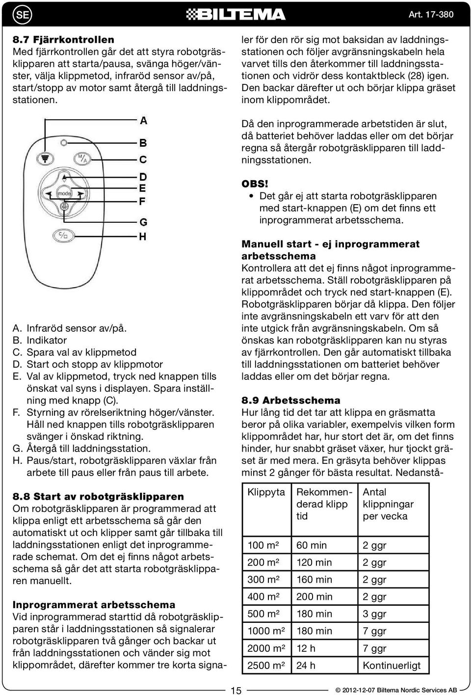 Inprogrammerat arbetsschema Vid inprogrammerad starttid då robotgräsklipparen står i laddningsstationen så signalerar robotgräsklipparen två gånger och backar ut från laddningsstationen och vänder