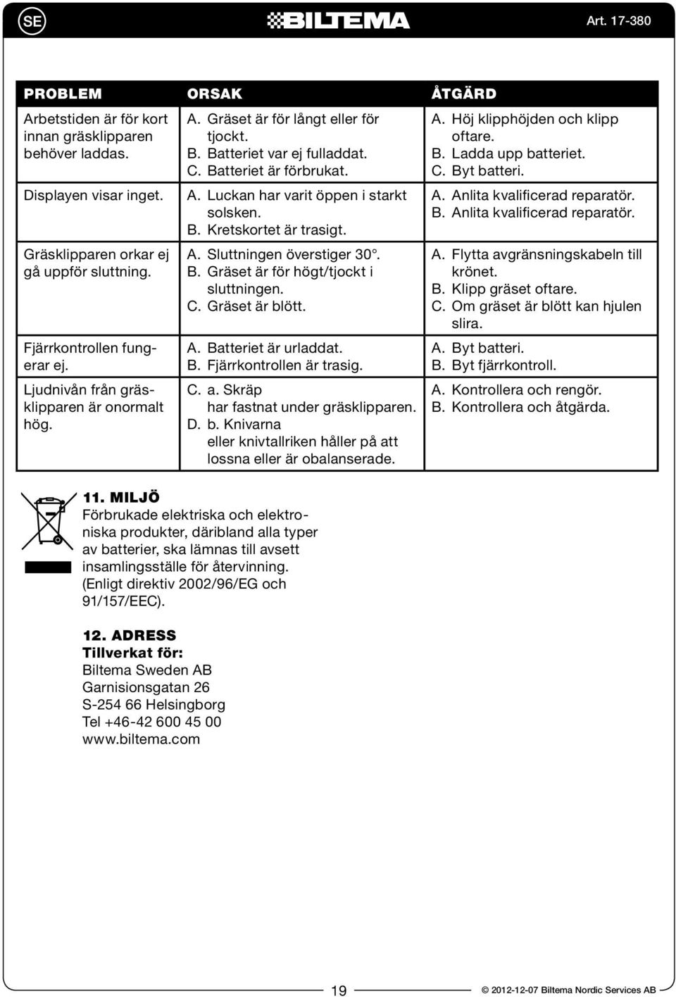 (Enligt direktiv 2002/96/EG och 91/157/EEC). 12. ADRess Tillverkat för: Biltema Sweden AB Garnisionsgatan 26 S-254 66 Helsingborg Tel +46-42 600 45 00 www.biltema.com A.