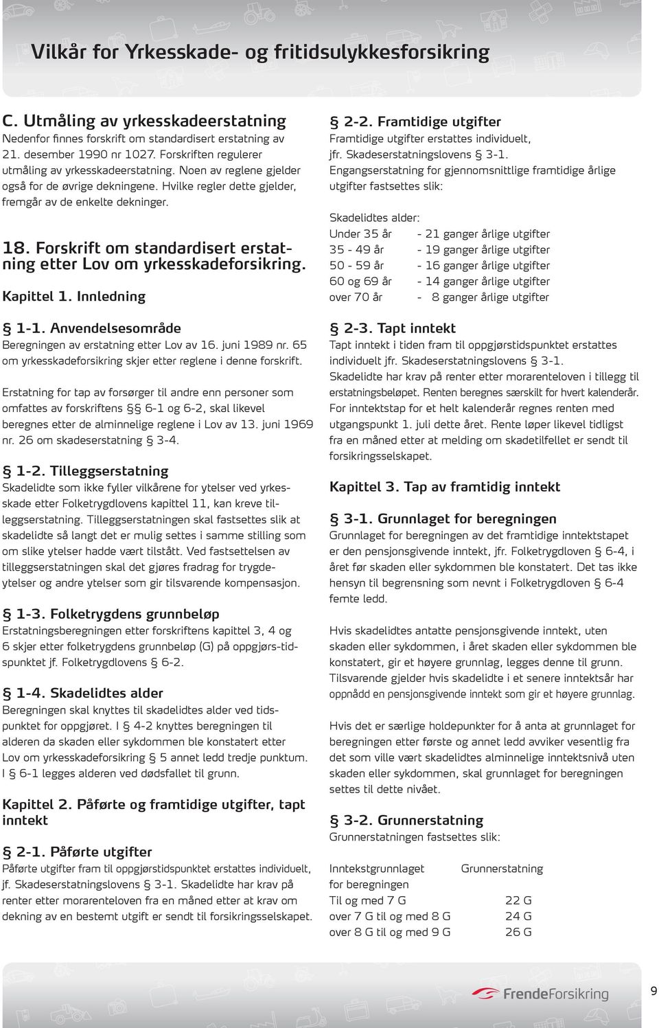 Kapittel 1. Innledning 1-1. Anvendelsesområde Beregningen av erstatning etter Lov av 16. juni 1989 nr. 65 om yrkesskadeforsikring skjer etter reglene i denne forskrift.