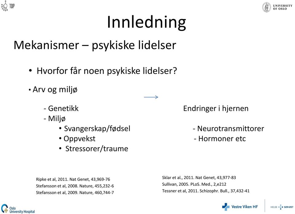 etc Stressorer/traume Ripke et al, 2011. Nat Genet, 43,969-76 Stefansson et al, 2008.