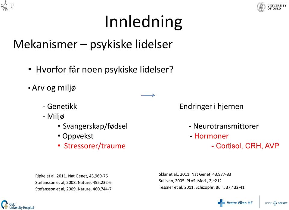 Stressorer/traume - Cortisol, CRH, AVP Ripke et al, 2011. Nat Genet, 43,969-76 Stefansson et al, 2008.