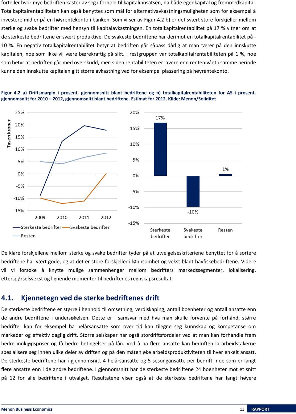 2 b) er det svært store forskjeller mellom sterke og svake bedrifter med hensyn til kapitalavkastningen. En totalkapitalrentabilitet på 17 % vitner om at de sterkeste bedriftene er svært produktive.