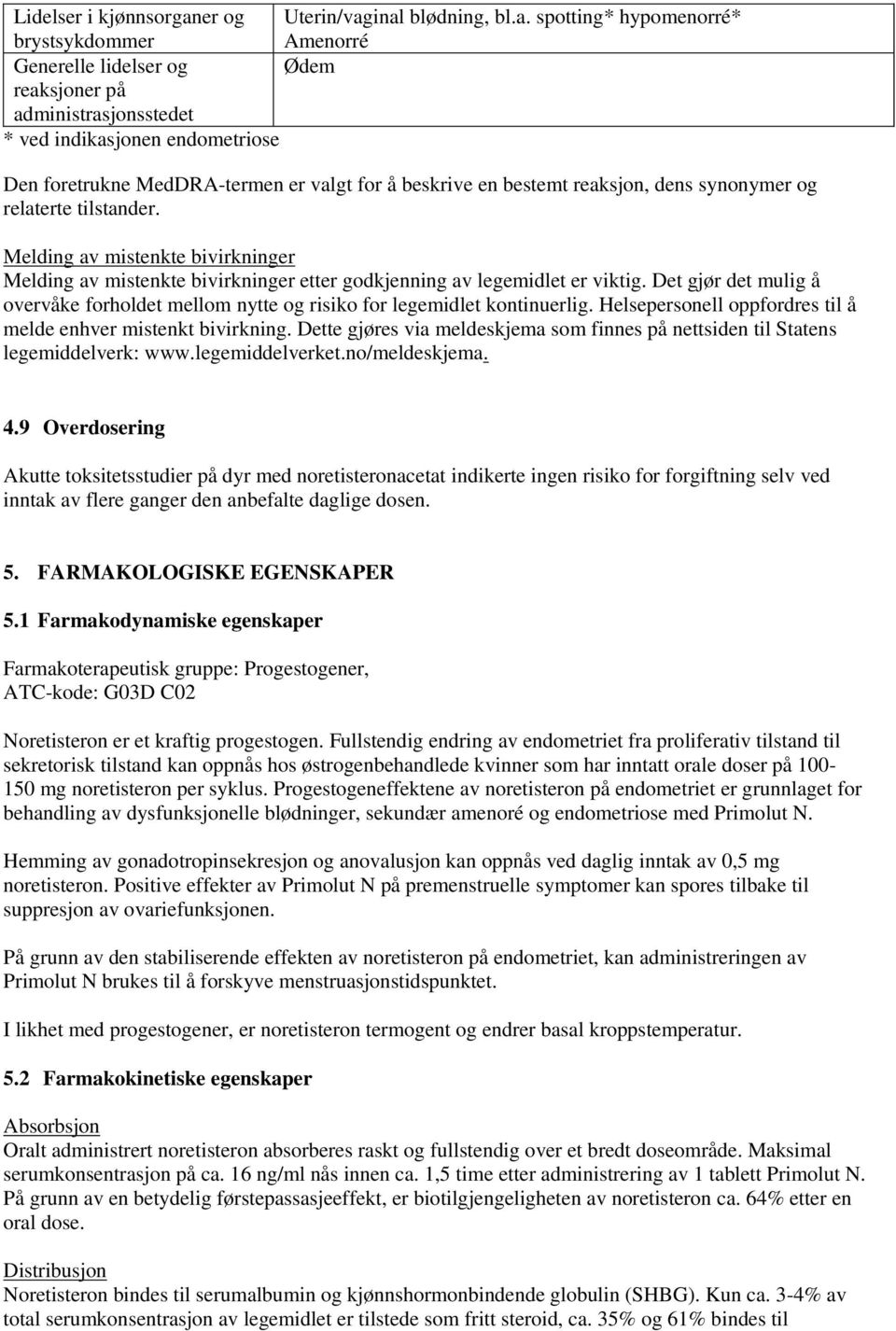 inal blødning, bl.a. spotting* hypomenorré* brystsykdommer Amenorré Generelle lidelser og Ødem reaksjoner på administrasjonsstedet * ved indikasjonen endometriose Den foretrukne MedDRA-termen er