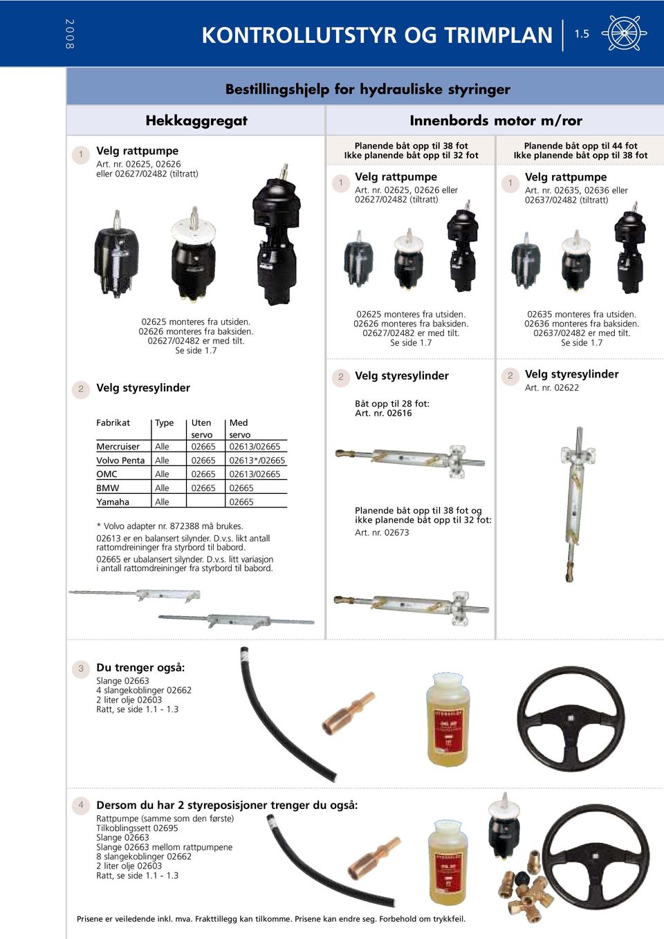 02625, 02626 eller 02627/02482 (tiltratt) 1 Planende båt opp til 44 fot Ikke planende båt opp til 38 fot Velg rattpumpe Art. nr.