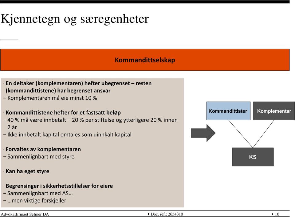 innen 2 år Ikke innbetalt kapital omtales som uinnkalt kapital Forvaltes av komplementaren Sammenlignbart med styre Kan ha eget styre