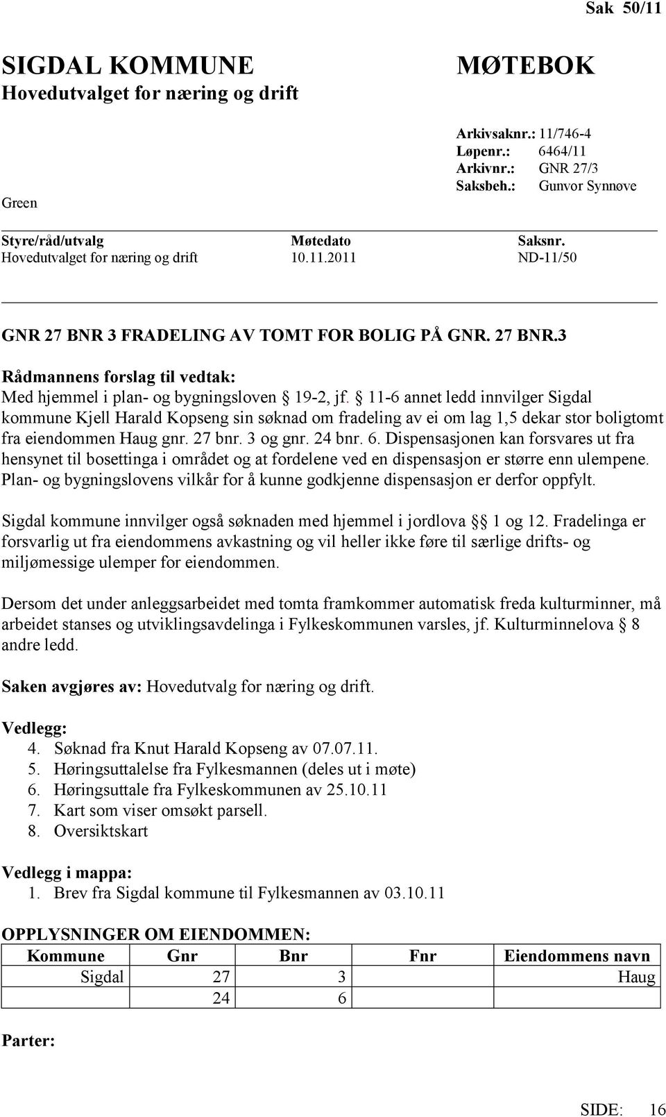 11-6 annet ledd innvilger Sigdal kommune Kjell Harald Kopseng sin søknad om fradeling av ei om lag 1,5 dekar stor boligtomt fra eiendommen Haug gnr. 27 bnr. 3 og gnr. 24 bnr. 6.