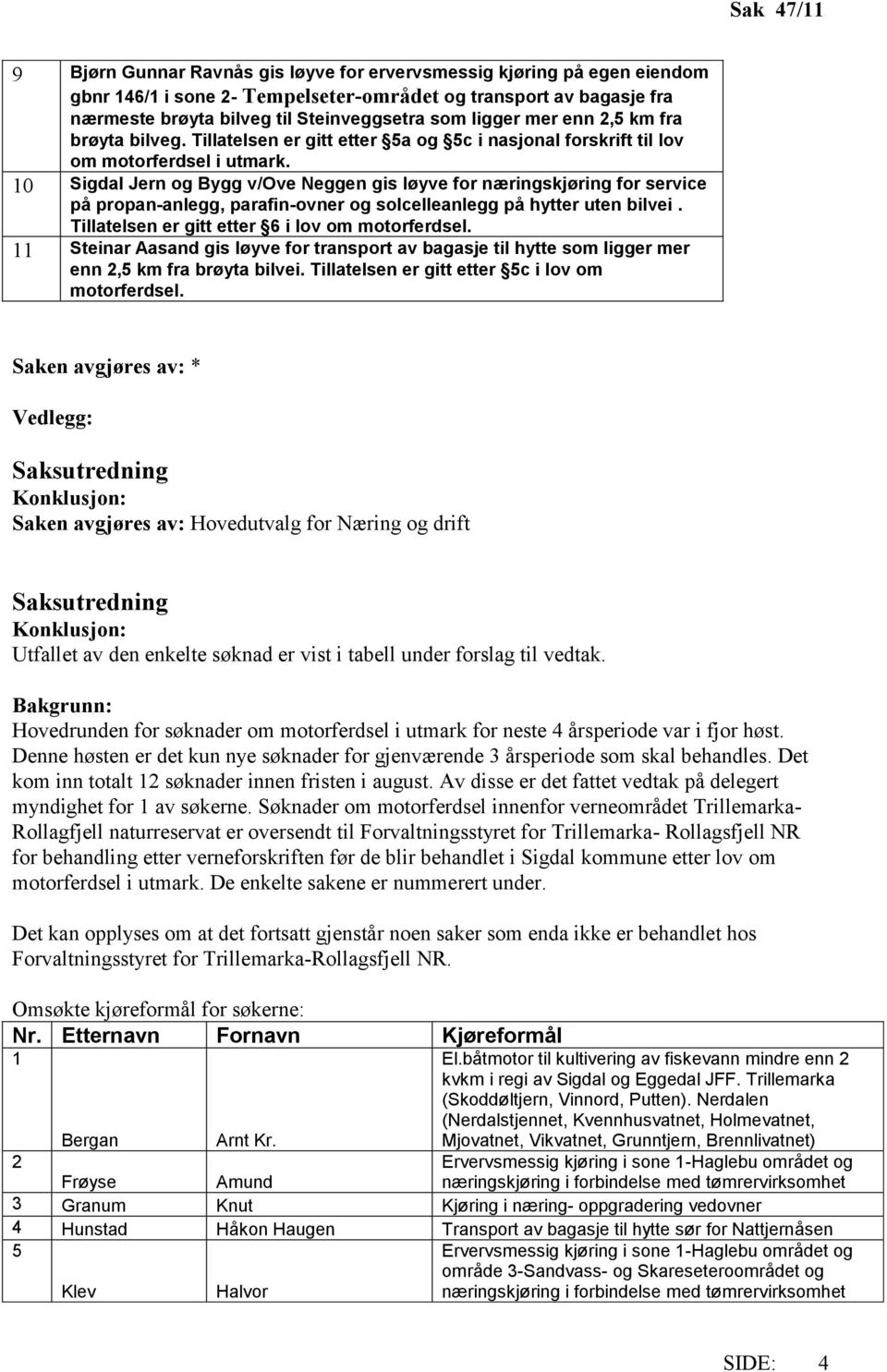 10 Sigdal Jern og Bygg v/ove Neggen gis løyve for næringskjøring for service på propan-anlegg, parafin-ovner og solcelleanlegg på hytter uten bilvei. Tillatelsen er gitt etter 6 i lov om motorferdsel.