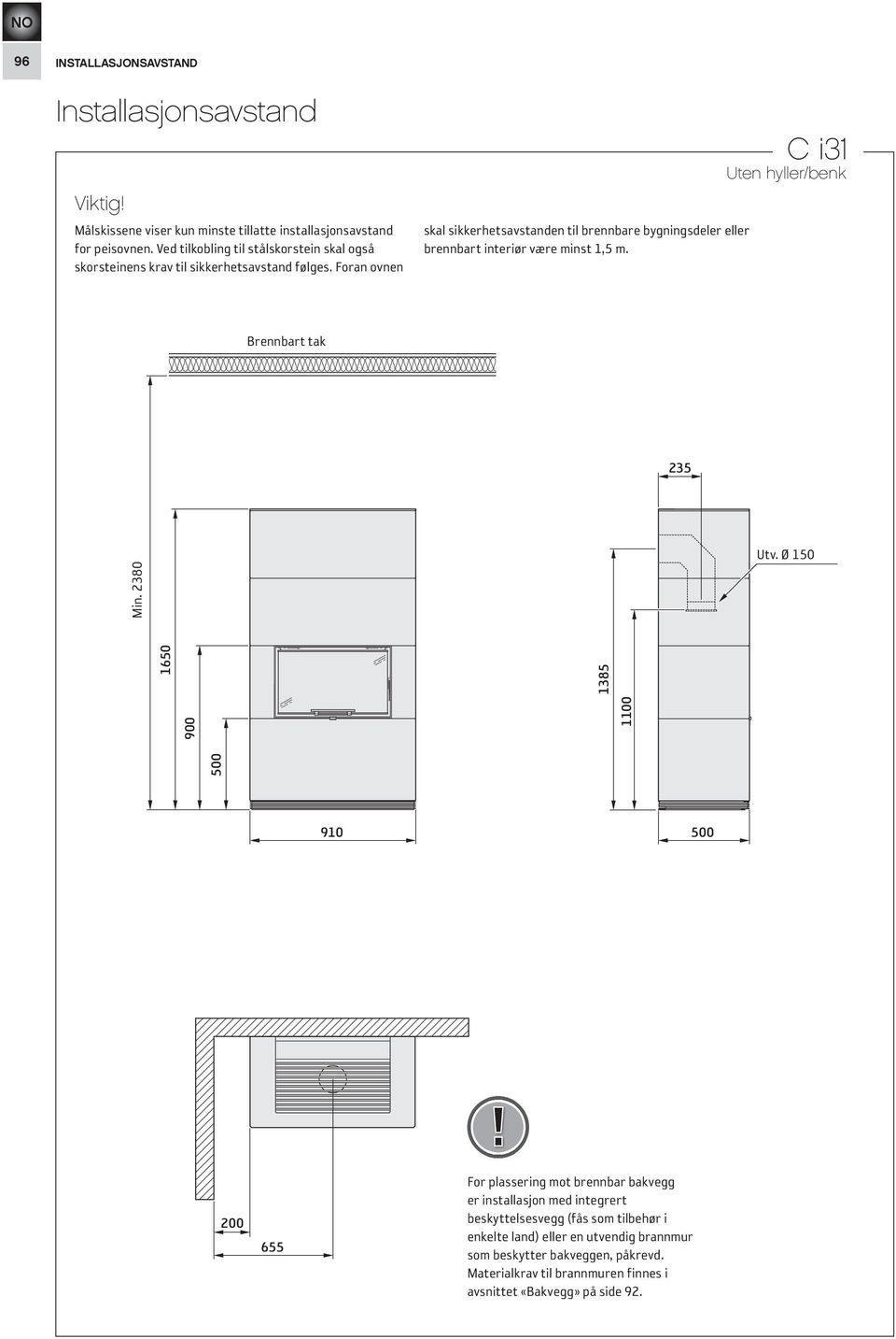 Foran ovnen skal sikkerhetsavstanden til brennbare bygningsdeler eller brennbart interiør være minst 1,5 m. C i31 Uten hyller/benk Brennbart Brännbart tak tak 235 Utv.