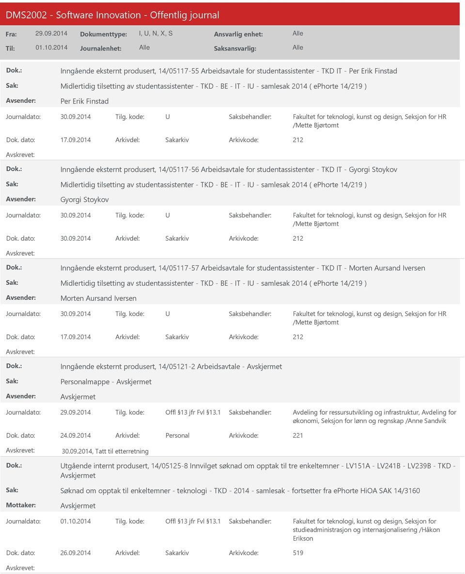 2014 Arkivdel: Sakarkiv Inngående eksternt produsert, 14/05117-56 Arbeidsavtale for studentassistenter - TKD IT - Gyorgi Stoykov Midlertidig tilsetting av studentassistenter - TKD - BE - IT - I -