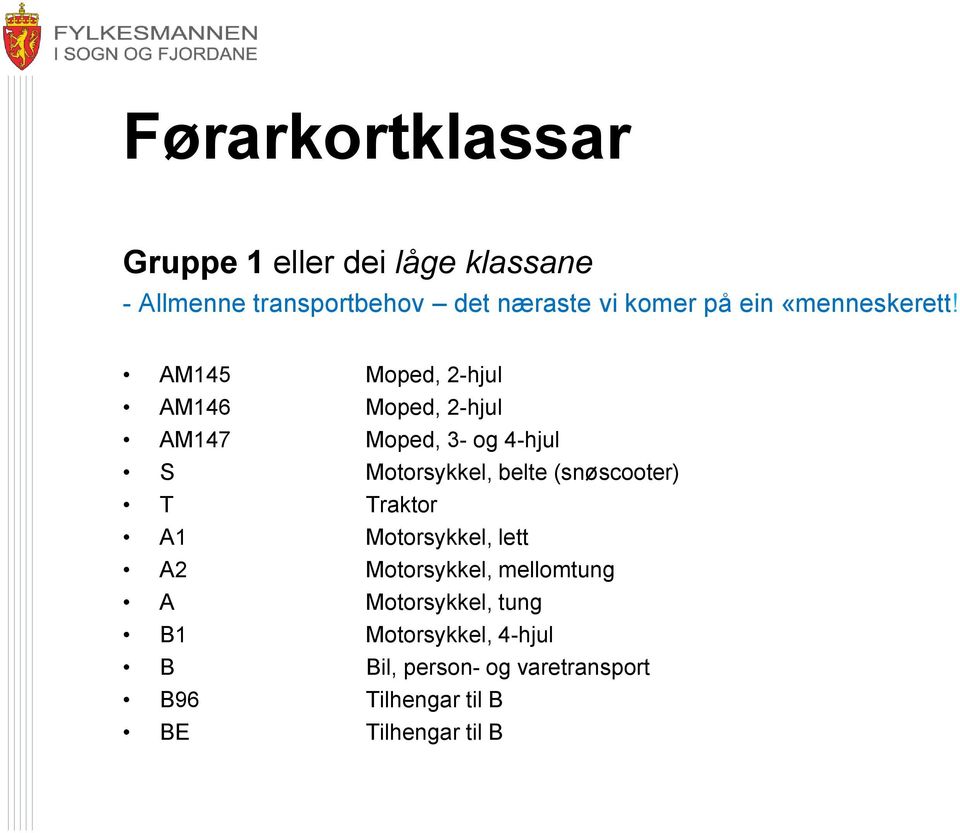 AM145 Moped, 2-hjul AM146 Moped, 2-hjul AM147 Moped, 3- og 4-hjul S Motorsykkel, belte