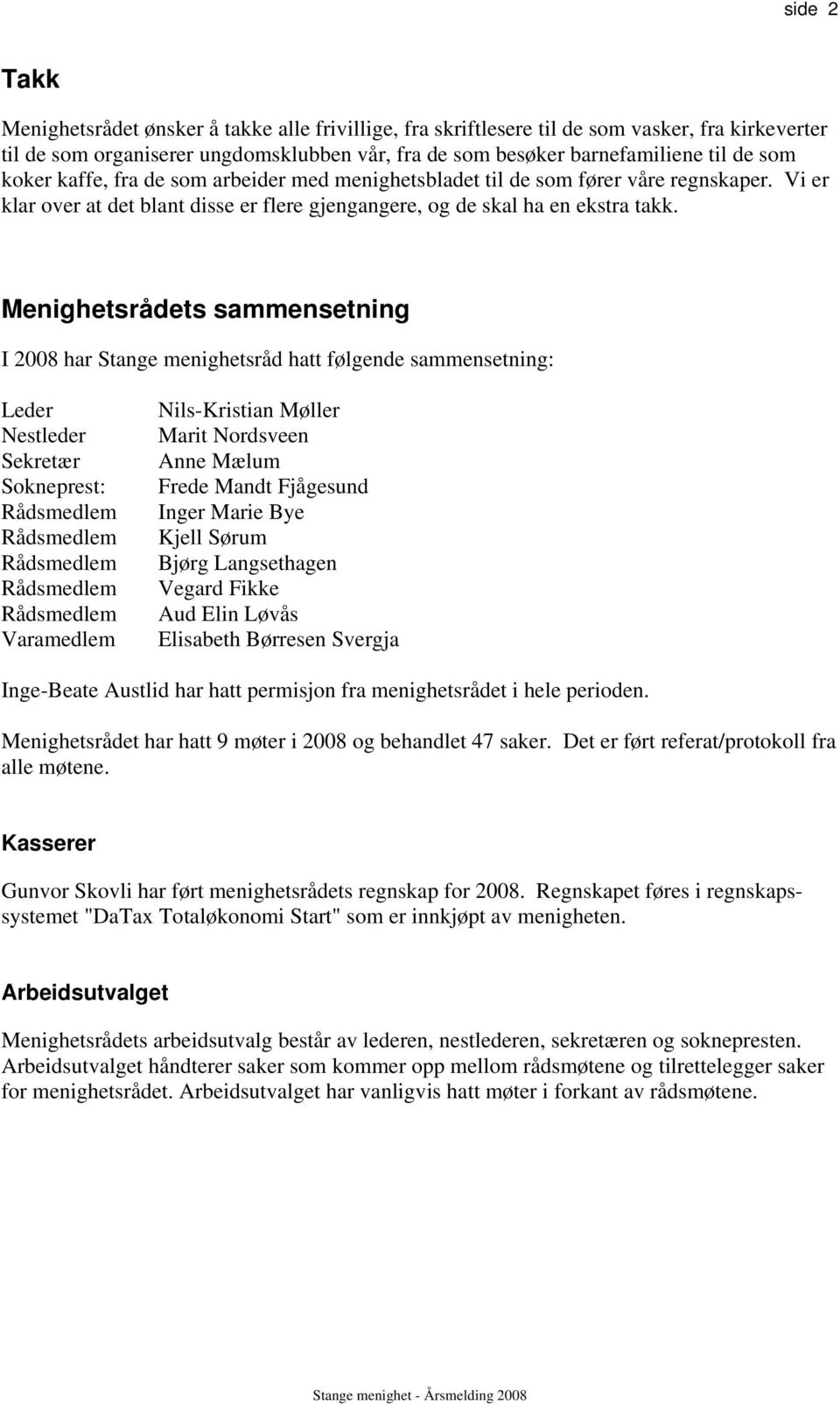 Menighetsrådets sammensetning I 2008 har Stange menighetsråd hatt følgende sammensetning: Leder Nestleder Sekretær Sokneprest: Rådsmedlem Rådsmedlem Rådsmedlem Rådsmedlem Rådsmedlem Varamedlem