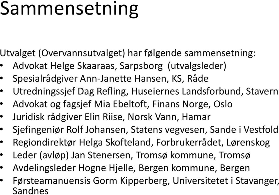 Riise, Norsk Vann, Hamar Sjefingeniør Rolf Johansen, Statens vegvesen, Sande i Vestfold Regiondirektør Helga Skofteland, Forbrukerrådet, Lørenskog Leder