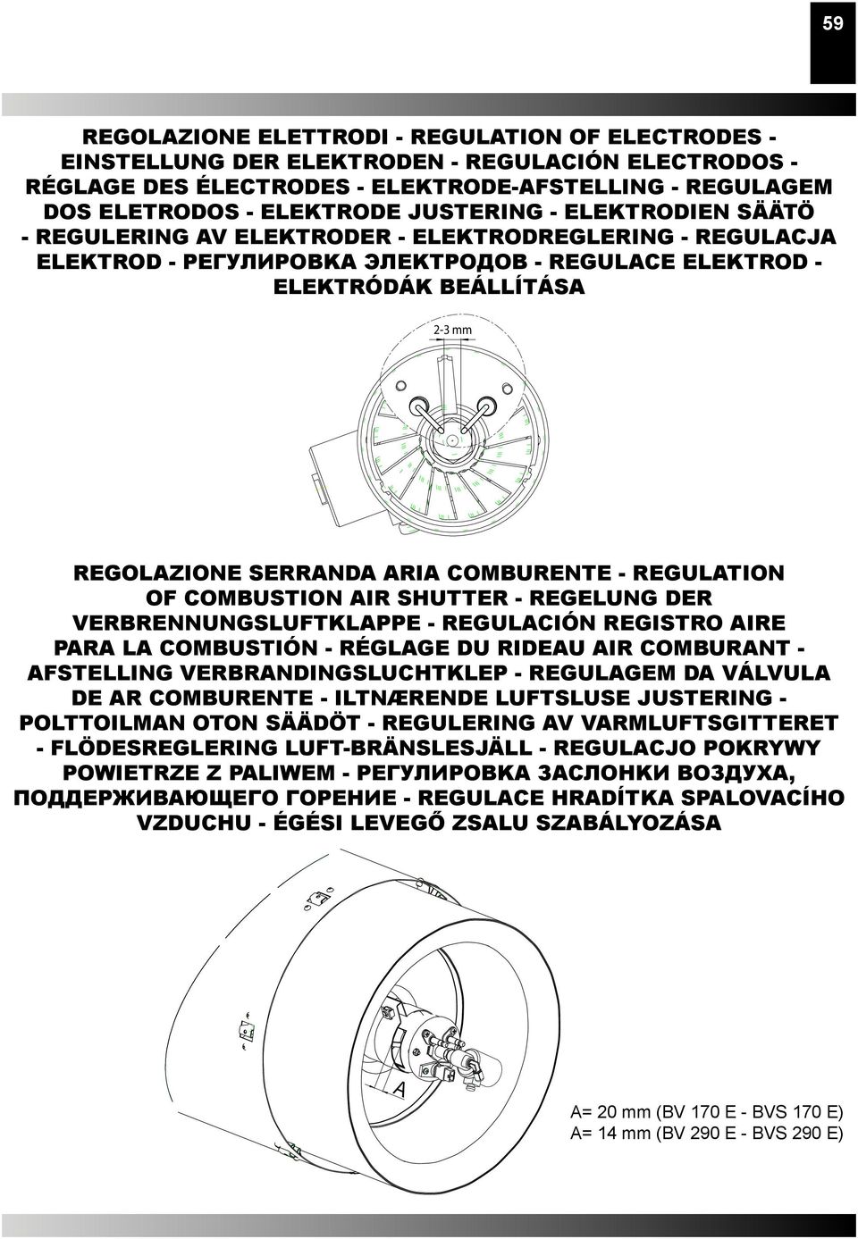 COMBURENTE - REGULATION OF COMBUSTION AIR SHUTTER - REGELUNG DER VERBRENNUNGSLUFTKLAPPE - REGULACIÓN REGISTRO AIRE PARA LA COMBUSTIÓN - RÉGLAGE DU RIDEAU AIR COMBURANT - AFSTELLING