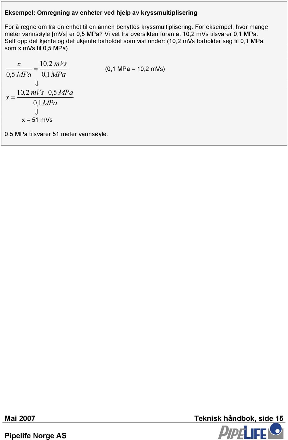 Sett opp det kjente og det ukjente forholdet som vist under: (10,2 mvs forholder seg til 0,1 MPa som x mvs til 0,5 MPa) 0,5 x MPa