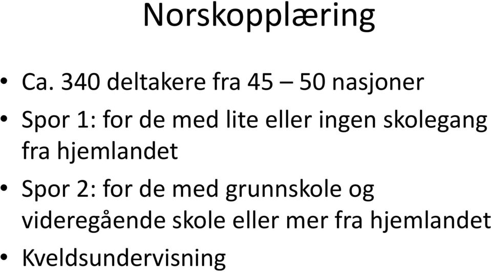 lite eller ingen skolegang fra hjemlandet Spor 2: