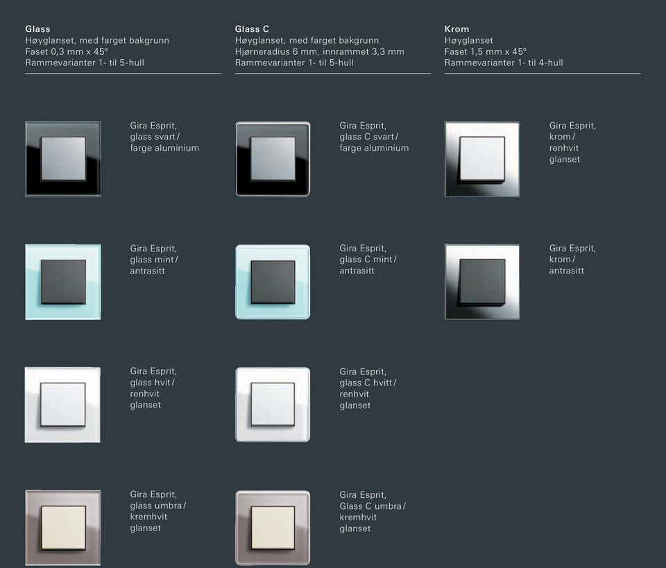 glass svart / farge aluminium glass C svart / farge aluminium krom / renhvit glanset glass mint / antrasitt glass C mint /