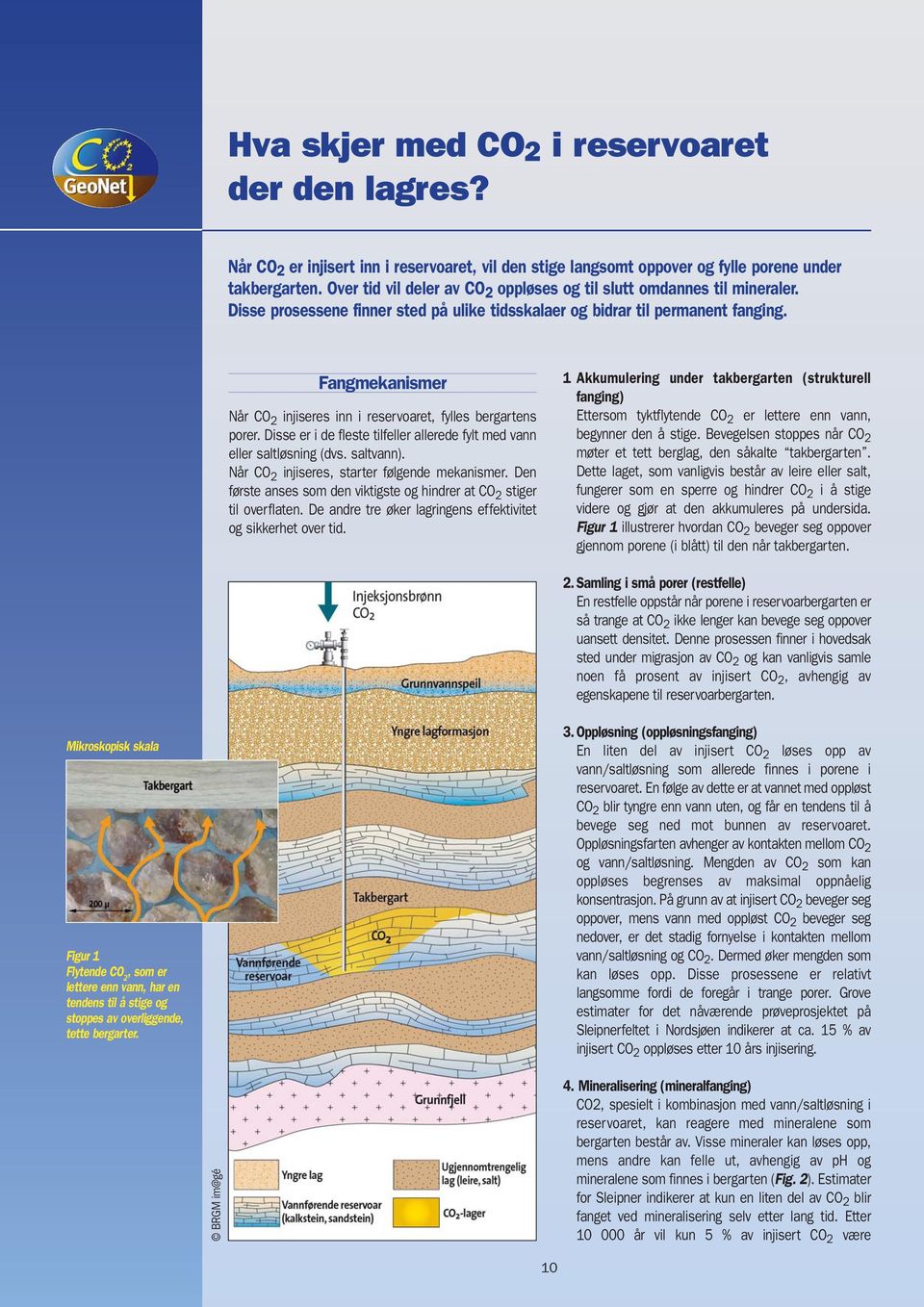 Fangmekanismer Når CO 2 injiseres inn i reservoaret, fylles bergartens porer. Disse er i de fleste tilfeller allerede fylt med vann eller saltløsning (dvs. saltvann).