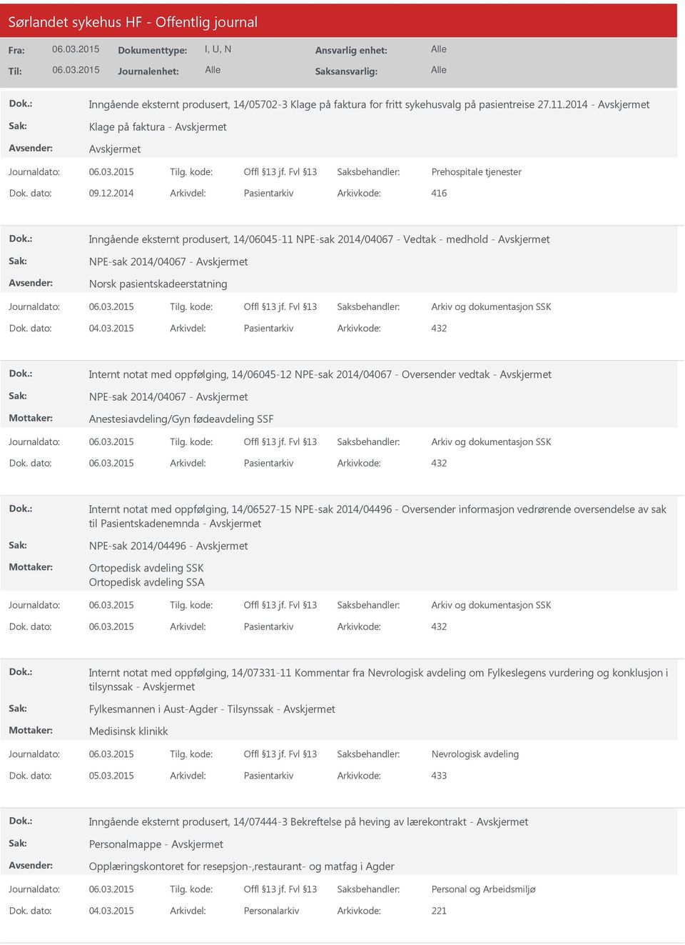 2015 Arkivdel: Pasientarkiv Arkivkode: 432 Internt notat med oppfølging, 14/06045-12 NPE-sak 2014/04067 - Oversender vedtak - NPE-sak 2014/04067 - Anestesiavdeling/Gyn fødeavdeling SSF Dok.