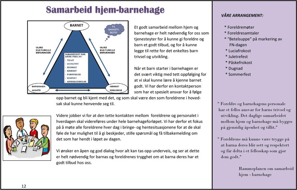 * Juletrefest * Påskefrokost Når et barn starter i barnehagen er * Dugnad det svært viktig med tett oppfølging for * Sommerfest at vi skal kunne lære å kjenne barnet godt.