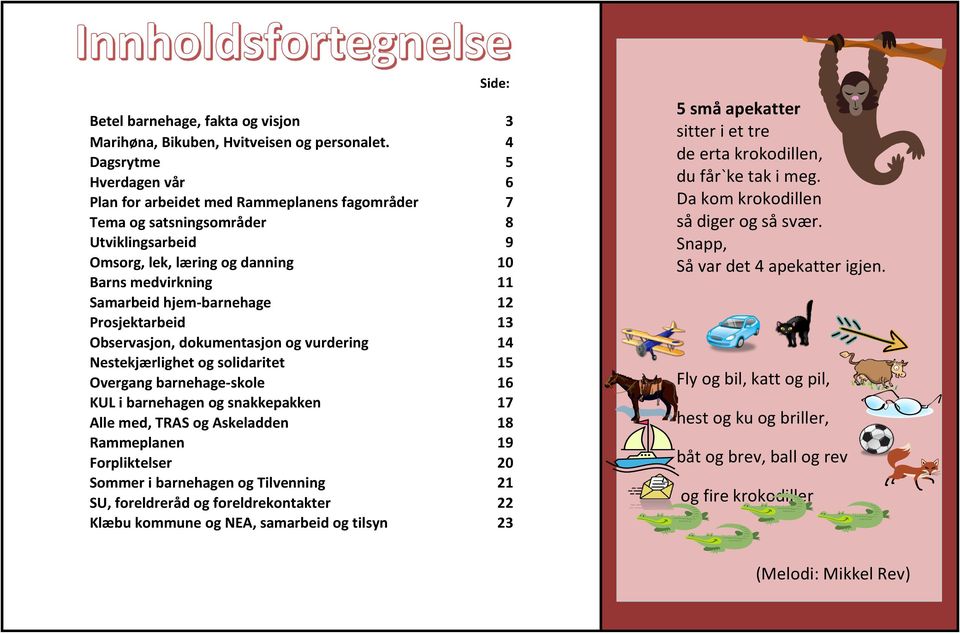 hjem-barnehage 12 Prosjektarbeid 13 Observasjon, dokumentasjon og vurdering 14 Nestekjærlighet og solidaritet 15 Overgang barnehage-skole 16 KUL i barnehagen og snakkepakken 17 Alle med, TRAS og