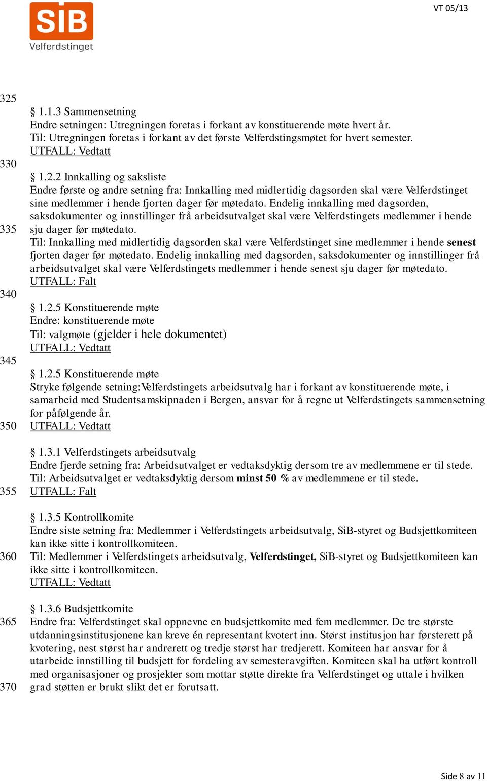 2 Innkalling og saksliste Endre første og andre setning fra: Innkalling med midlertidig dagsorden skal være Velferdstinget sine medlemmer i hende fjorten dager før møtedato.