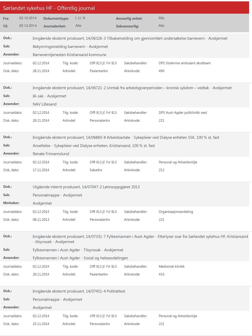 2014 Arkivdel: Pasientarkiv Arkivkode: 490 Inngående eksternt produsert, 14/06721-2 nntak fra arbeidsgiverperioden kronisk sykdom vedtak - IA-sak - NAV Lillesand DPS Aust-Agder poliklinikk vest Dok.