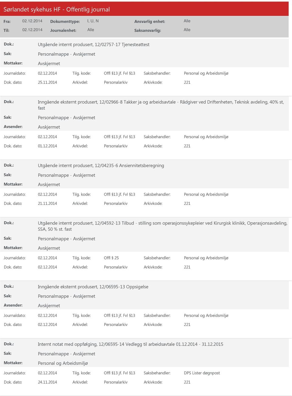 dato: 21.11.2014 Arkivdel: Personalarkiv Arkivkode: 221 tgående internt produsert, 12/04592-13 Tilbud - stilling som operasjonssykepleier ved Kirurgisk klinikk, Operasjonsavdeling, SSA, 50 % st.