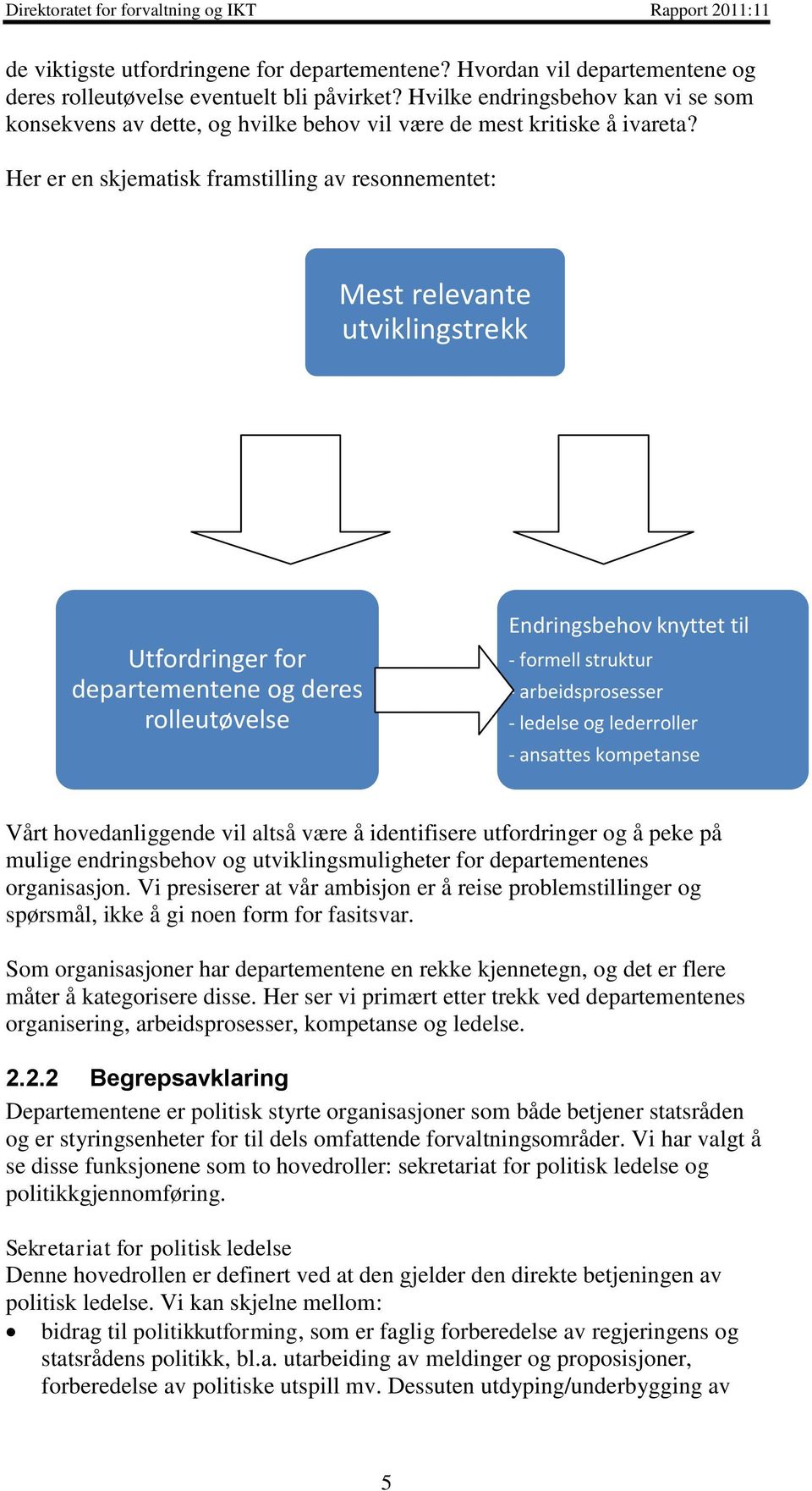 Her er en skjematisk framstilling av resonnementet: Mest relevante utviklingstrekk Utfordringer for departementene og deres rolleutøvelse Endringsbehov knyttet til - formell struktur -