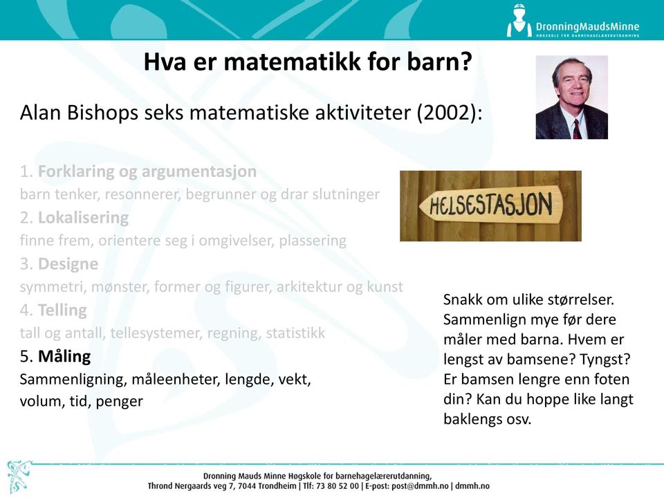 Designe symmetri, mønster, former og figurer, arkitektur og kunst 4. Telling tall og antall, tellesystemer, regning, statistikk 5.