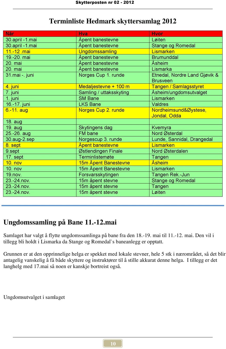 juni Medaljestevne + 100 m Tangen / Samlagsstyret 7. juni Samling / uttaksskyting Åsheim/ungdomsutvalget 1. juni SM Bane Lismarken 16.-17. juni LKS Bane Valdres 6.-11. aug Norges Cup 2.